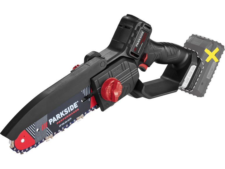 Cordless mini chainsaw with a red adjustment knob and a battery pack outline.