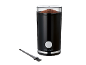 Black coffee grinder with a transparent lid filled with ground coffee, and a cleaning brush.