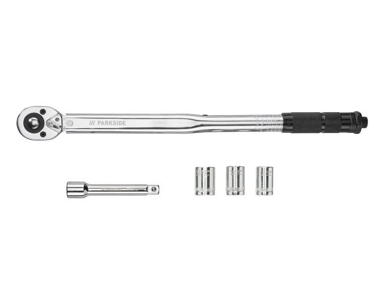 Torque wrench with chrome-plated sockets and extension.