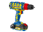 Blue and yellow cordless drill with battery, torque settings, and black chuck.