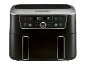 Black dual-basket air fryer with a digital display and controls for temperature and time.