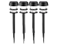 Four black solar-powered garden path lights with white illumination.