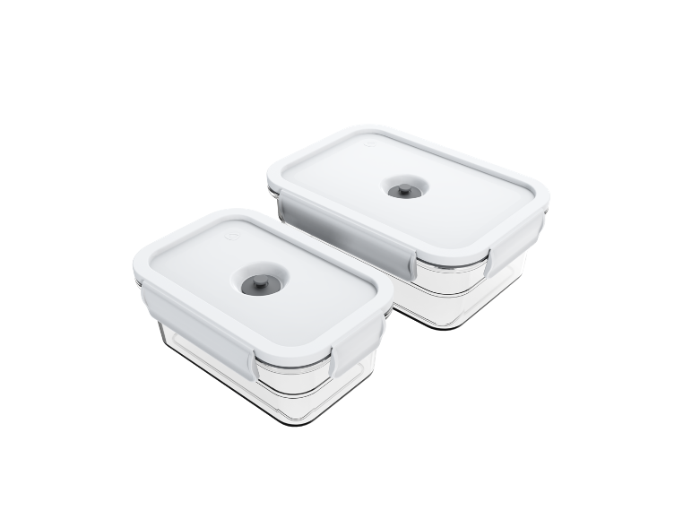Two white rectangular vacuum food storage containers.
