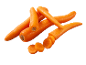 Fresh whole and sliced carrots on a black background.