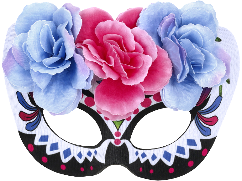 Colorful floral mask in Dia de los Muertos style with pink and blue flowers.