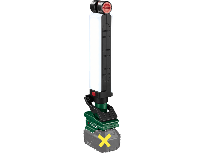 Battery-powered LED work light, with a red power button and a USB port.