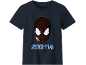 Dark blue kids' T-shirt with reversible sequins in the shape of a superhero mask and text.