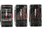 Drill bit and screwdriver bit sets in clear cases.