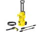 Yellow pressure washer with handle, hose, gun, and two lances.