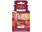 Car air freshener in the shape of a mini candle jar, black cherry scent.