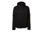 Black men's softshell jacket with a hood and zipper.