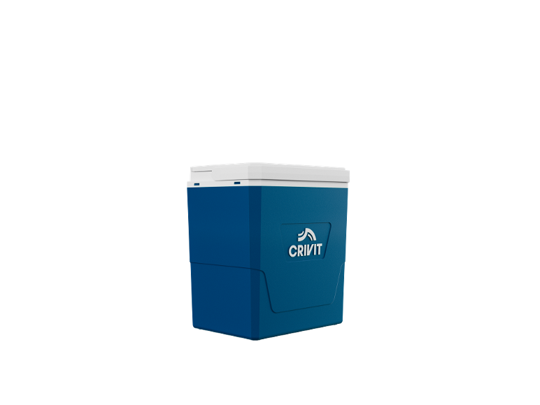 Blue cooler box with a white lid and a logo on the front.