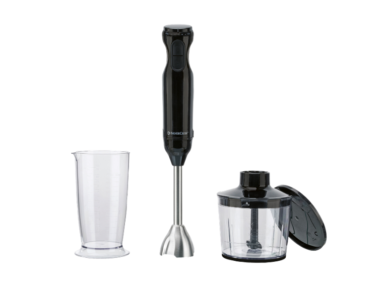 Black immersion blender with a measuring cup and a chopper attachment.