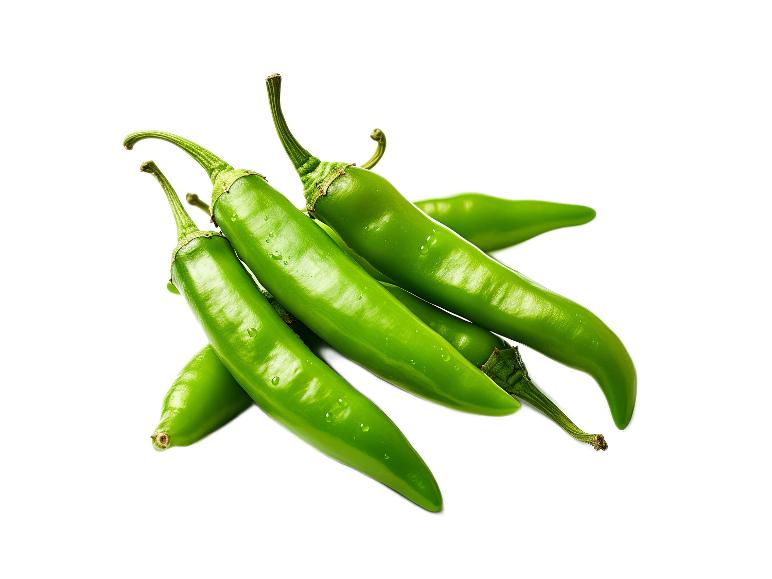 Fresh green chili peppers with water droplets on a white background.