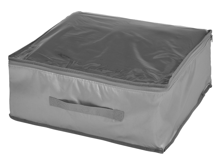 Grey fabric storage box with a transparent window and zipper