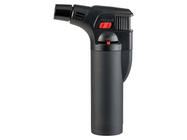 Black kitchen torch with red buttons, featuring 'On Lock' and 'Gas' inscriptions.