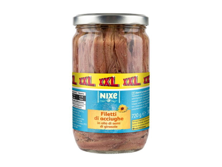 Jar of anchovy fillets in sunflower oil, 720g, with an XXL label.