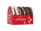 Christmas gingerbread cookies, half chocolate-covered and half glazed, in a festive red box.