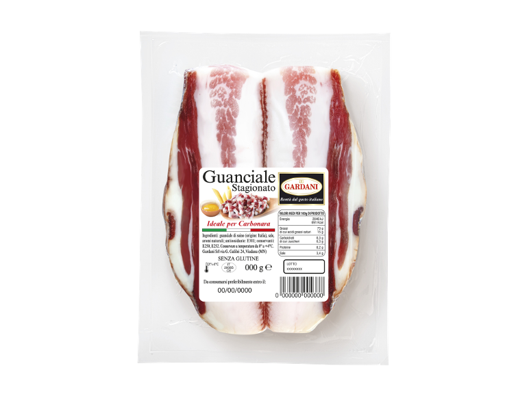 Vacuum-packed guanciale with a label showing nutritional information and storage instructions.