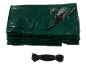 Folded green tarp with a metal grommet and a coiled black rope.