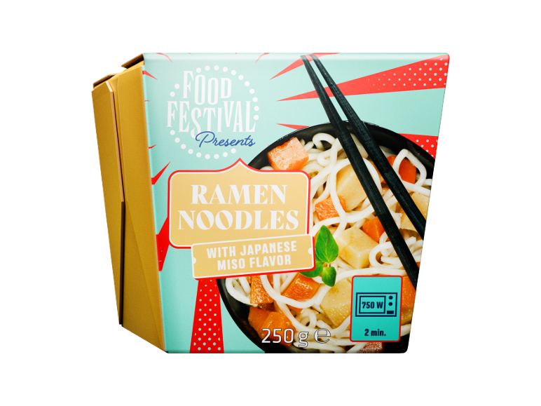 Box of ramen noodles with Japanese miso flavor, ready in 2 minutes in the microwave.