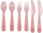 Pink plastic cutlery set featuring spoons, forks, and knives.