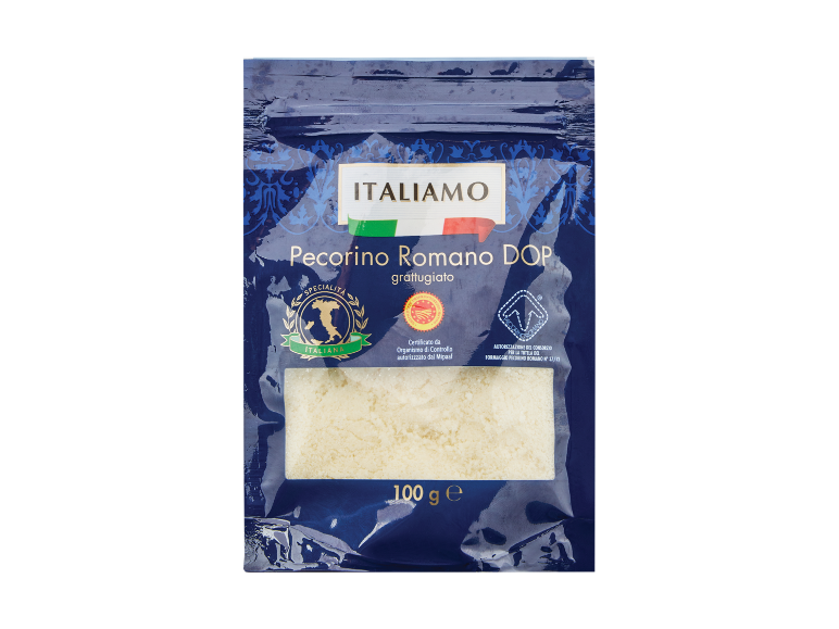 Grated Pecorino Romano cheese in a 100g package.