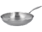 Silver stainless steel frying pan with a long handle.