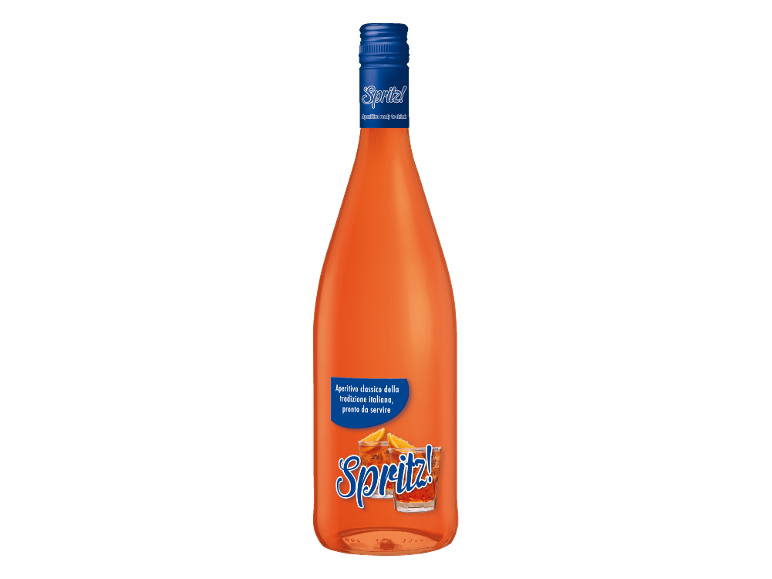 Orange drink bottle with a blue cap, featuring text 'Spritz! Aperitivo ready to drink' and 'Aperitivo classico della tradizione italiana, pronto da servire'.