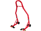 Red motorcycle stand with wheels and adjustable supports.