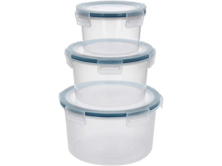 Stack of three round clear plastic food storage containers with blue-rimmed lids.