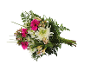 Bouquet of flowers with pink gerberas, white chrysanthemums, and alstroemerias.
