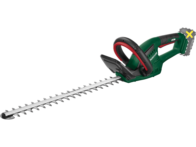 Cordless hedge trimmer with a long blade and red handle, battery not included.