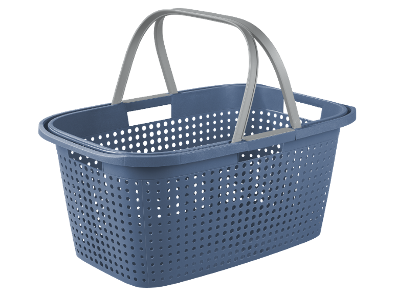 Blue plastic shopping basket with gray handles.