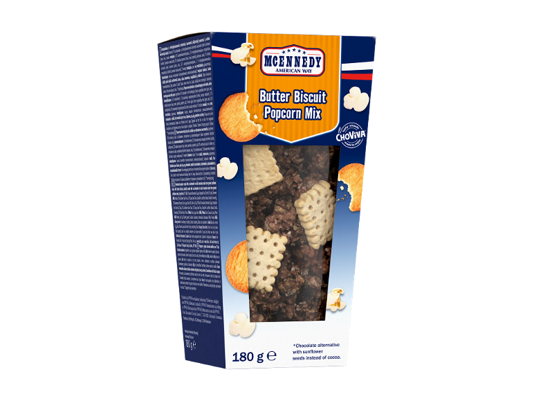 A box of butter biscuit popcorn mix with a chocolate alternative made from sunflower seeds.