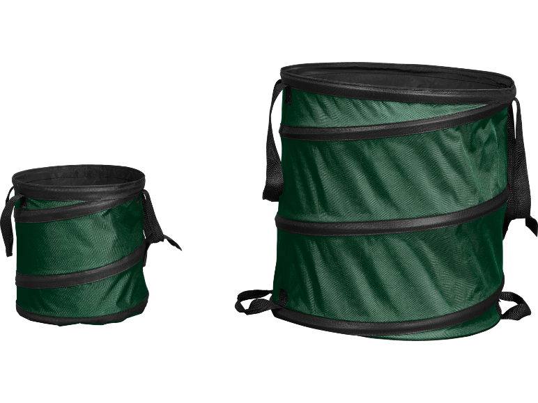 Two green foldable garden waste bins in different sizes.