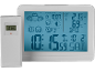 Digital weather station with outdoor sensor, displaying temperature, humidity, time, and forecast.