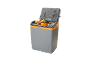 Grey and orange portable cooler with fresh fruit and drinks.