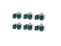 Six wall-mounted broom and tool holders with green rubber rollers.
