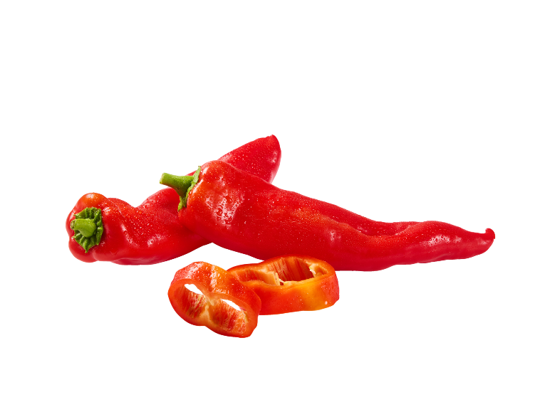 Two red chili peppers and sliced pepper rings.