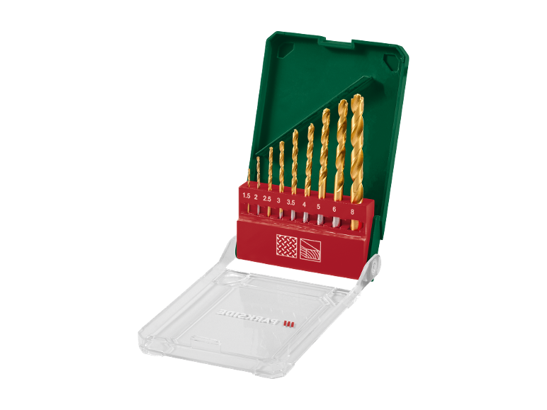 Set of golden metal drill bits in a red holder with sizes from 1.5 to 8 mm, in an open green case.