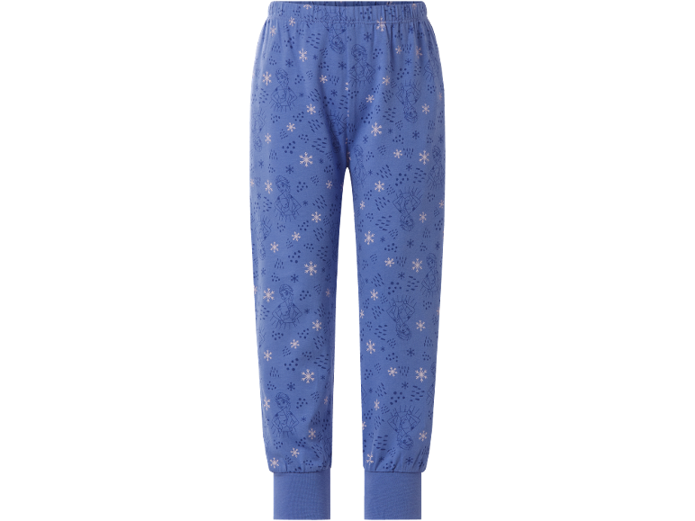 Blue children's pajama bottoms with princess and snowflake pattern.