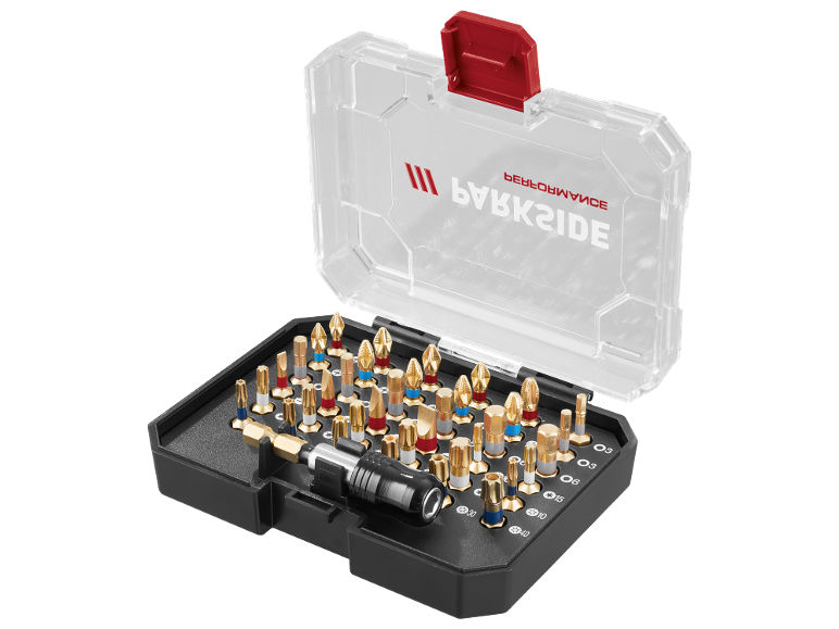 Set of golden screwdriver bits with a magnetic holder in a clear case.