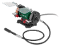 Bench grinder with a flexible shaft and protective shields.