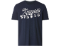 Dark blue T-shirt with white 'The Avengers' print and superhero symbols.