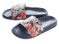 Navy blue slide sandals with a vibrant tropical floral pattern.