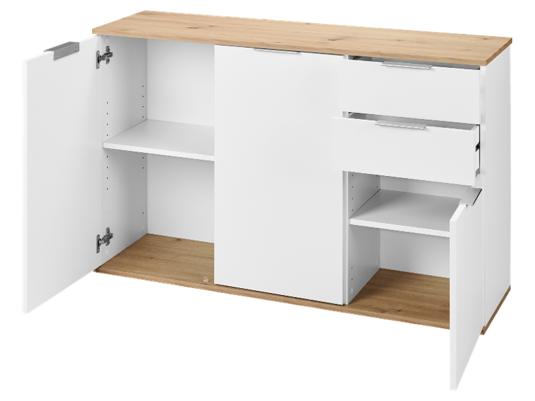 White sideboard with a wooden top, open doors, and pull-out drawers.