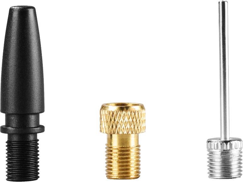 Set of three pump adapters: black plastic, brass, and silver needle for inflation.