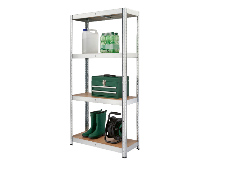 Metal shelving unit with jerrycan, water bottles, toolbox, rubber boots, and garden hose.