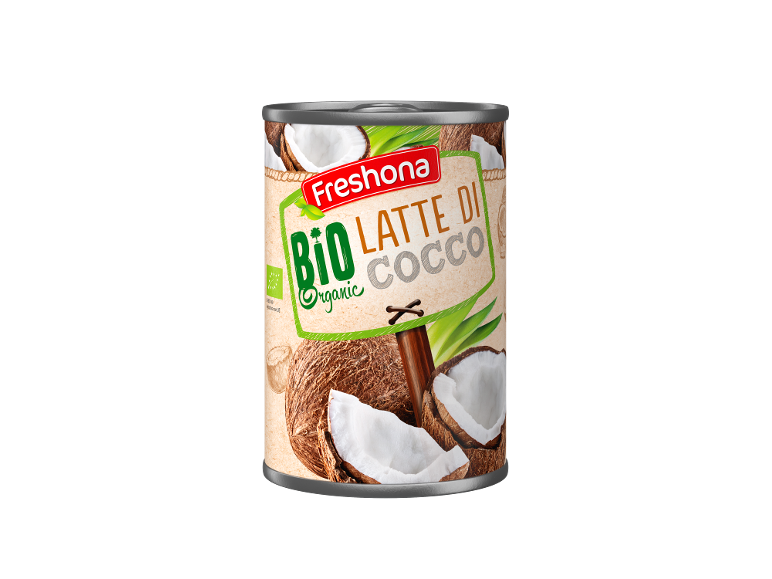 Can of coconut milk with text 'BIO Organic Latte di Cocco' and coconuts